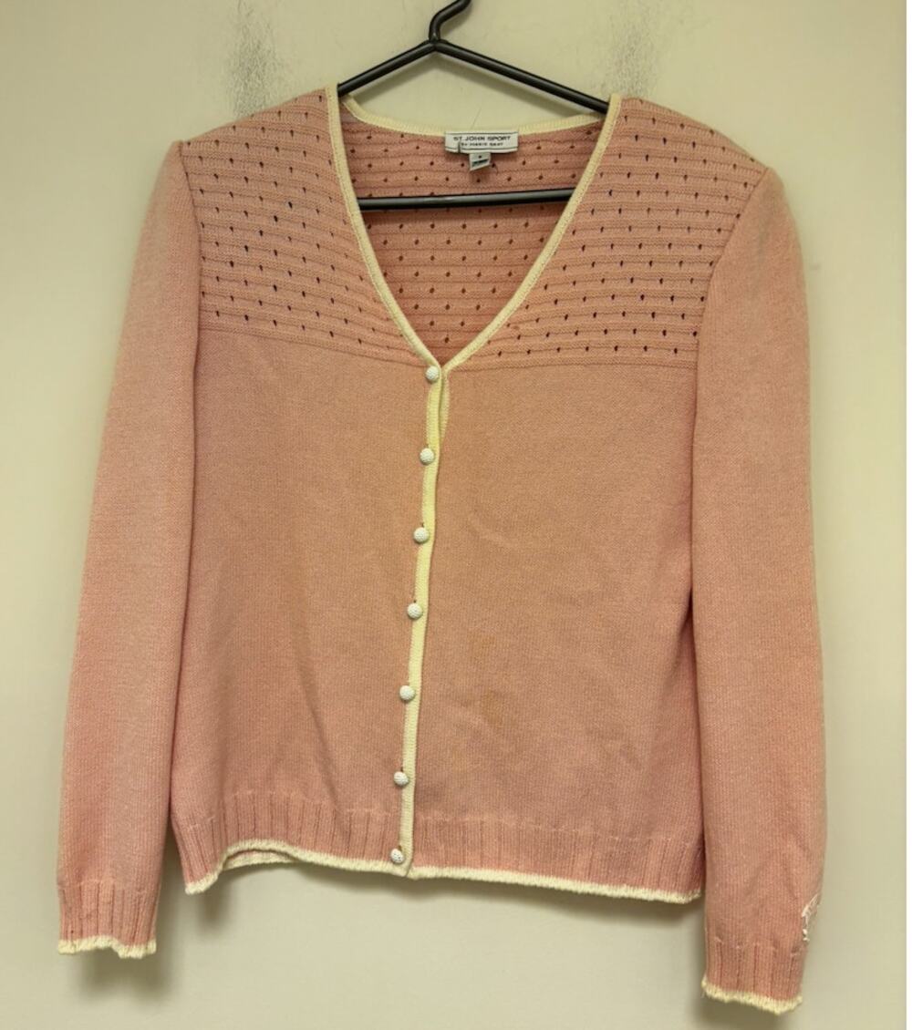 Vintage St John Sport Marie Gray Cardigan Sweater Pink Cream Knit Size S